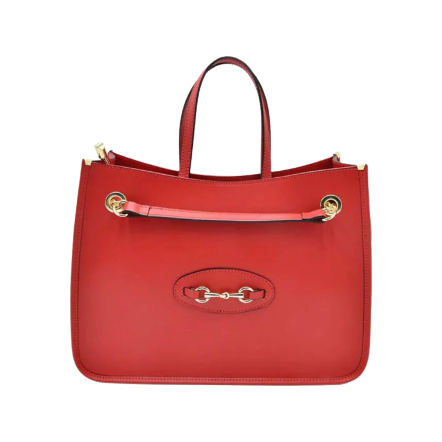 Large Italian leather tote bag with short and long handles, gold hardware, red color.