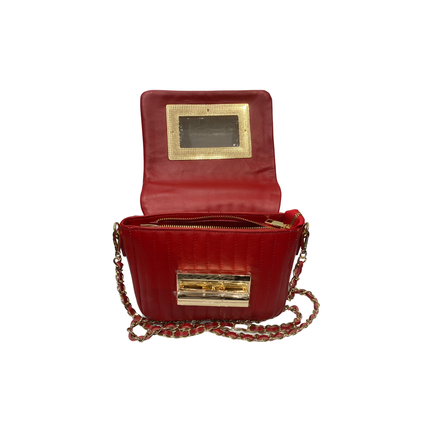Quilted crossbody leather bag with chain strap and gold accessories.