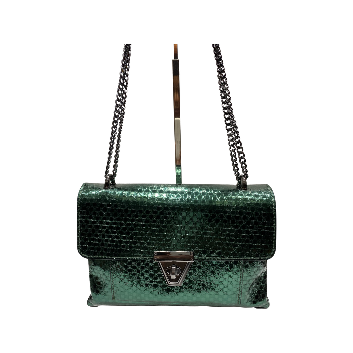 Green laminated leather crossbody bag with chain strap and turn lock closure.