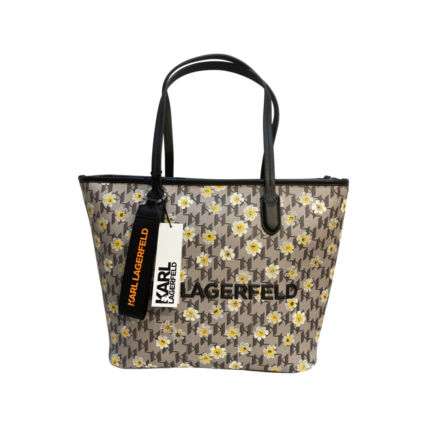 Karl Lagerfeld Monogram Floral Leather Tote Bag with grey floral design and logo key fob.