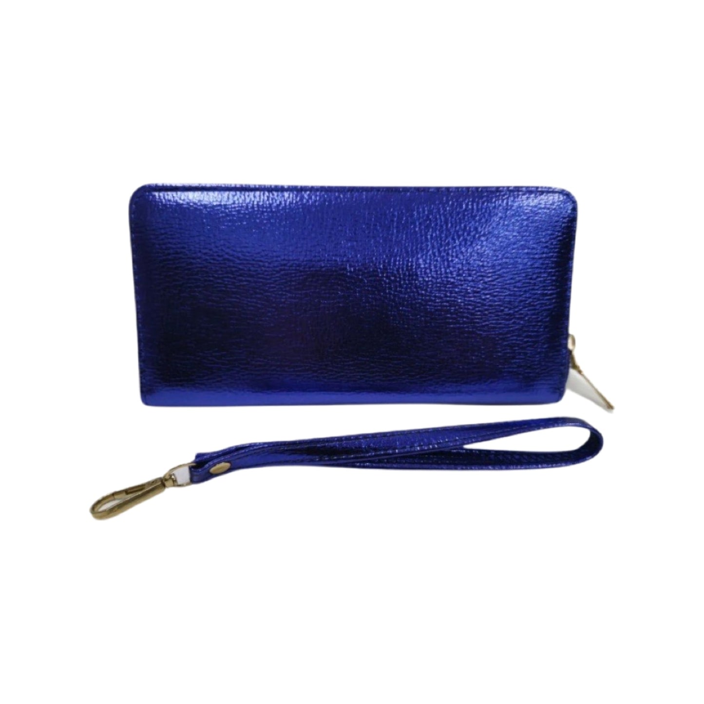 Rectangular black leather purse wallet with zip closure and gold metal details, featuring card slots and two compartments.