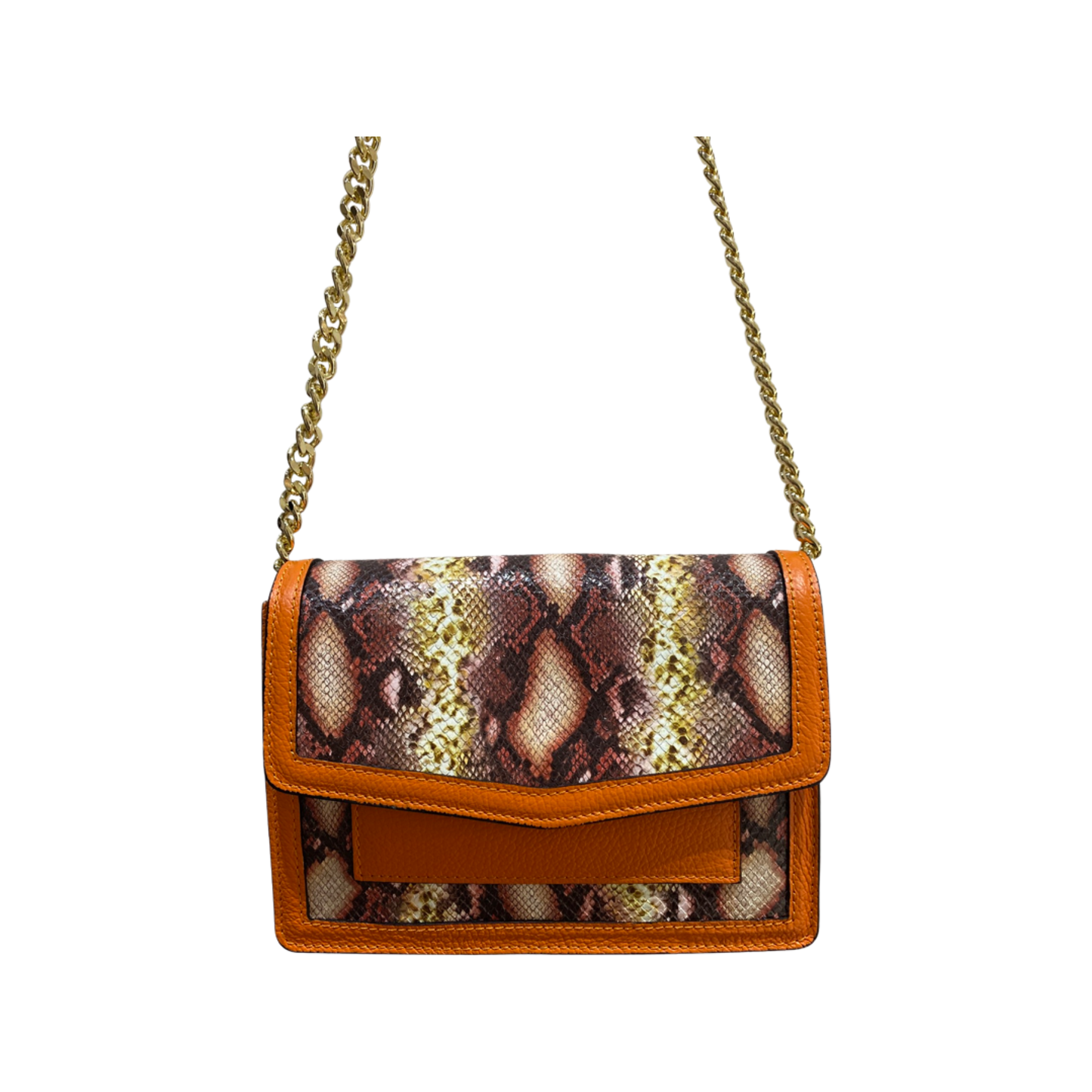 Animal print leather tote bag with chain strap, made in Italy.