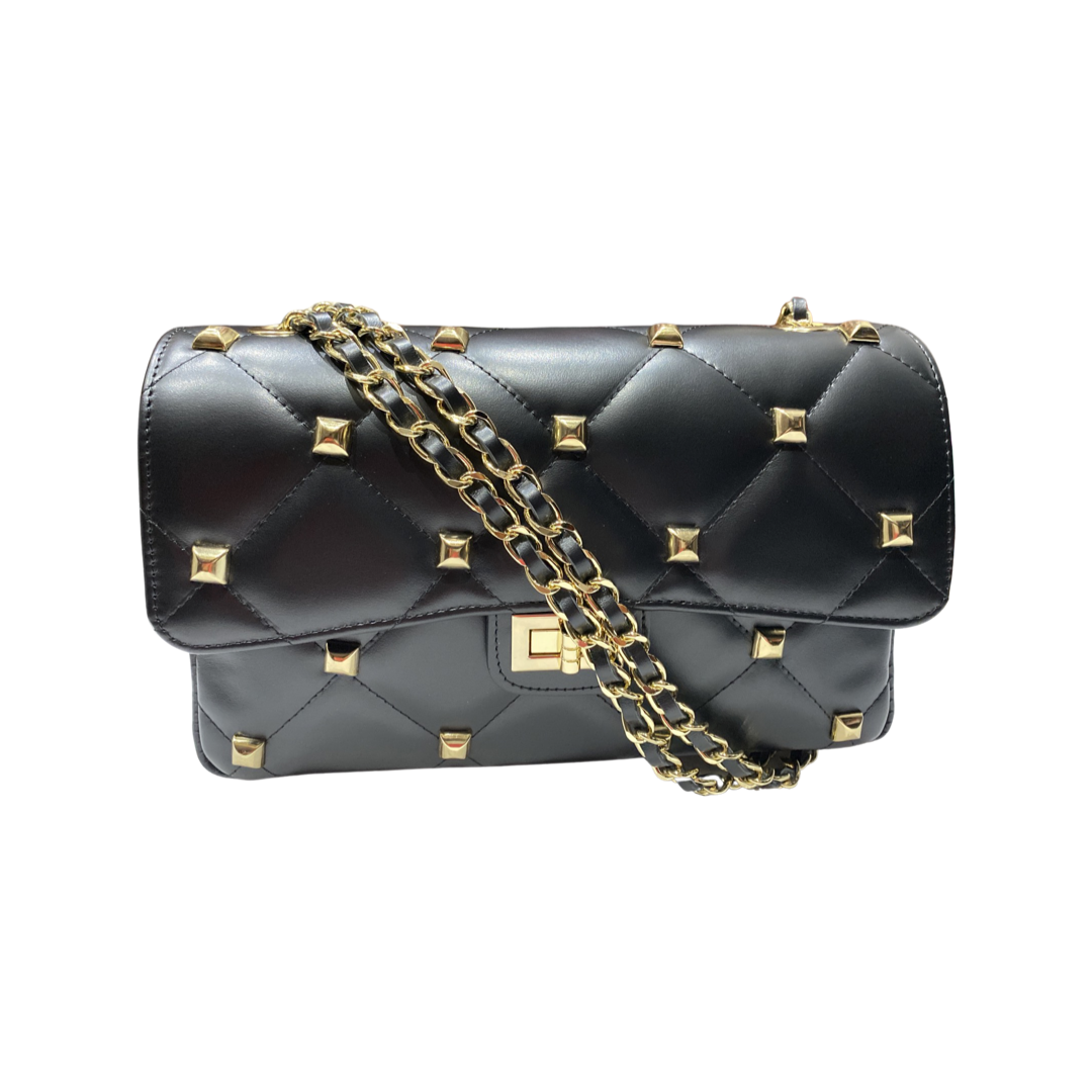 Quilted crossbody leather bag with gold-tone chain and stud stitching.
