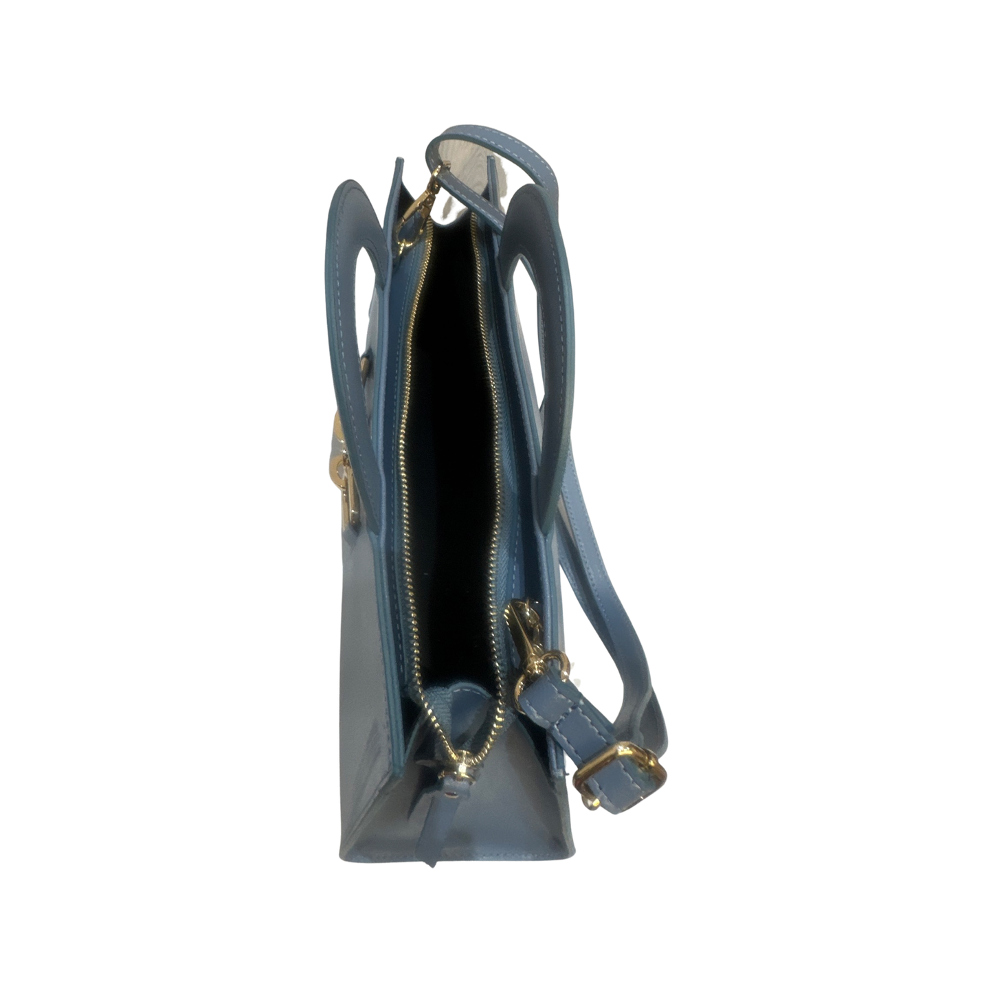 Leather tote bag with cylinder shape handles and removable strap.