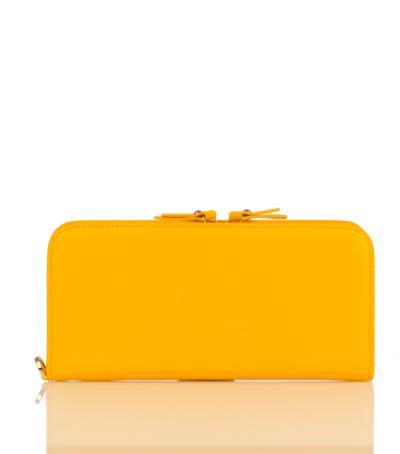 Rectangular tan leather purse wallet with zip opening and gold accessories.