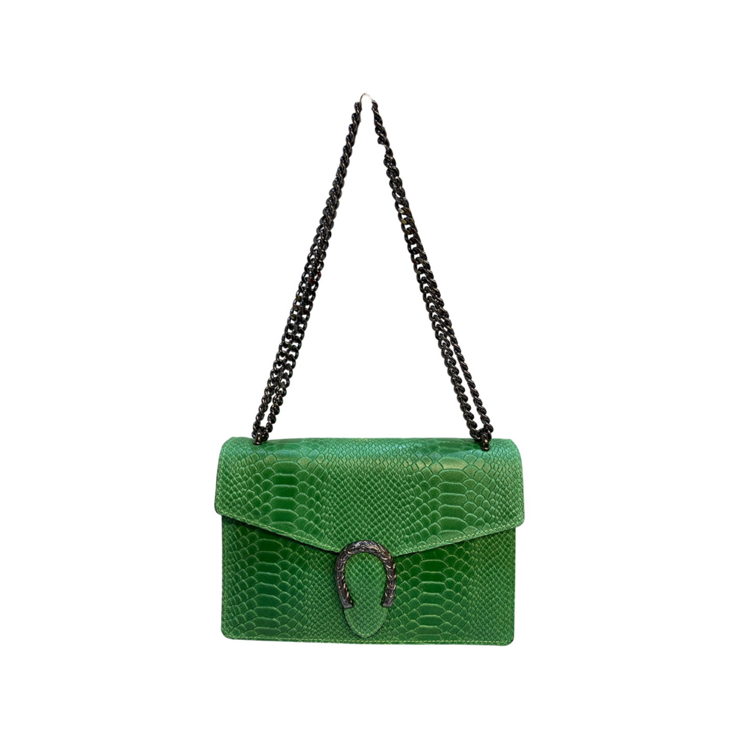 Green leather crossbody bag with chain strap and tiger hardware.