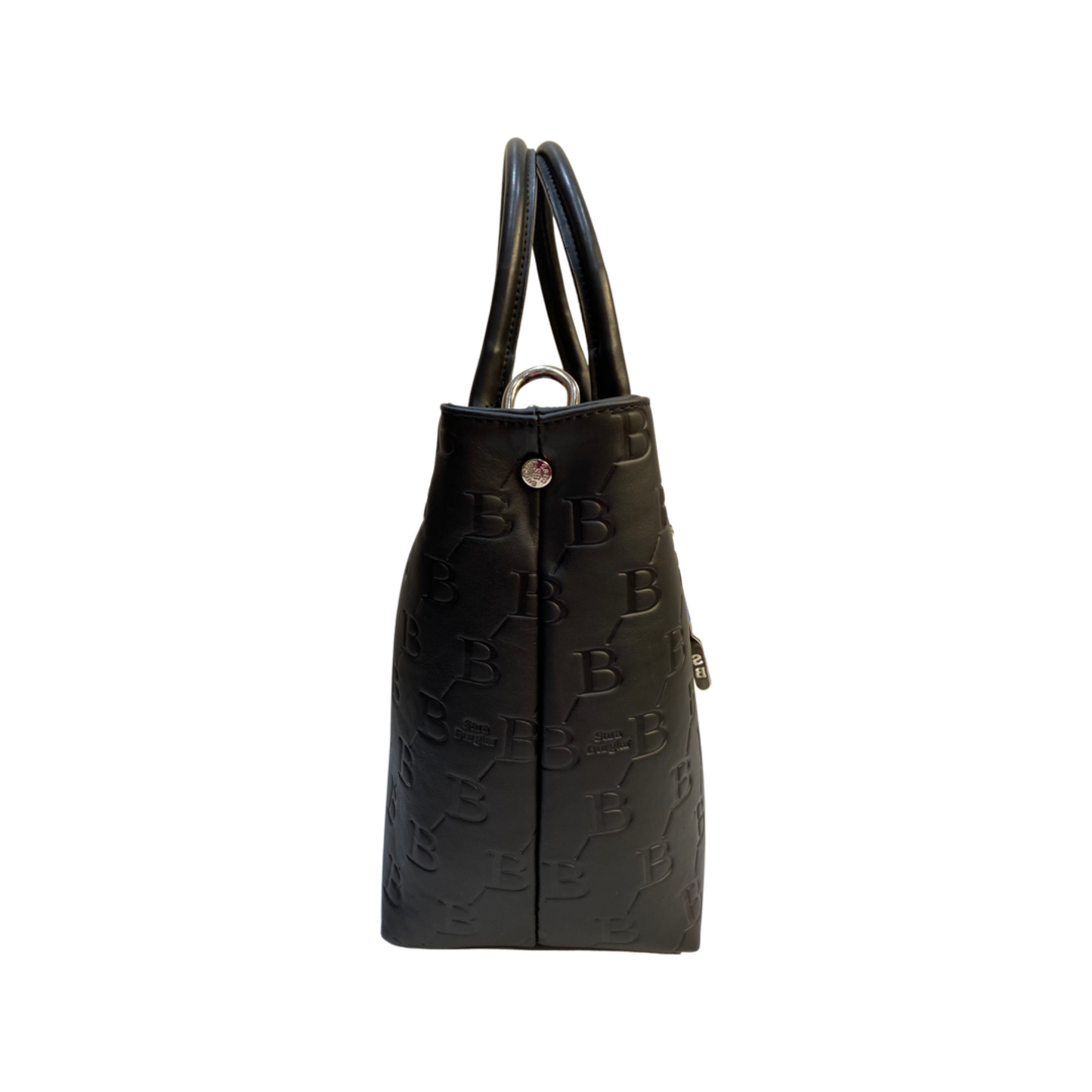 Black leather tote bag with embossed logo and removable shoulder strap.
