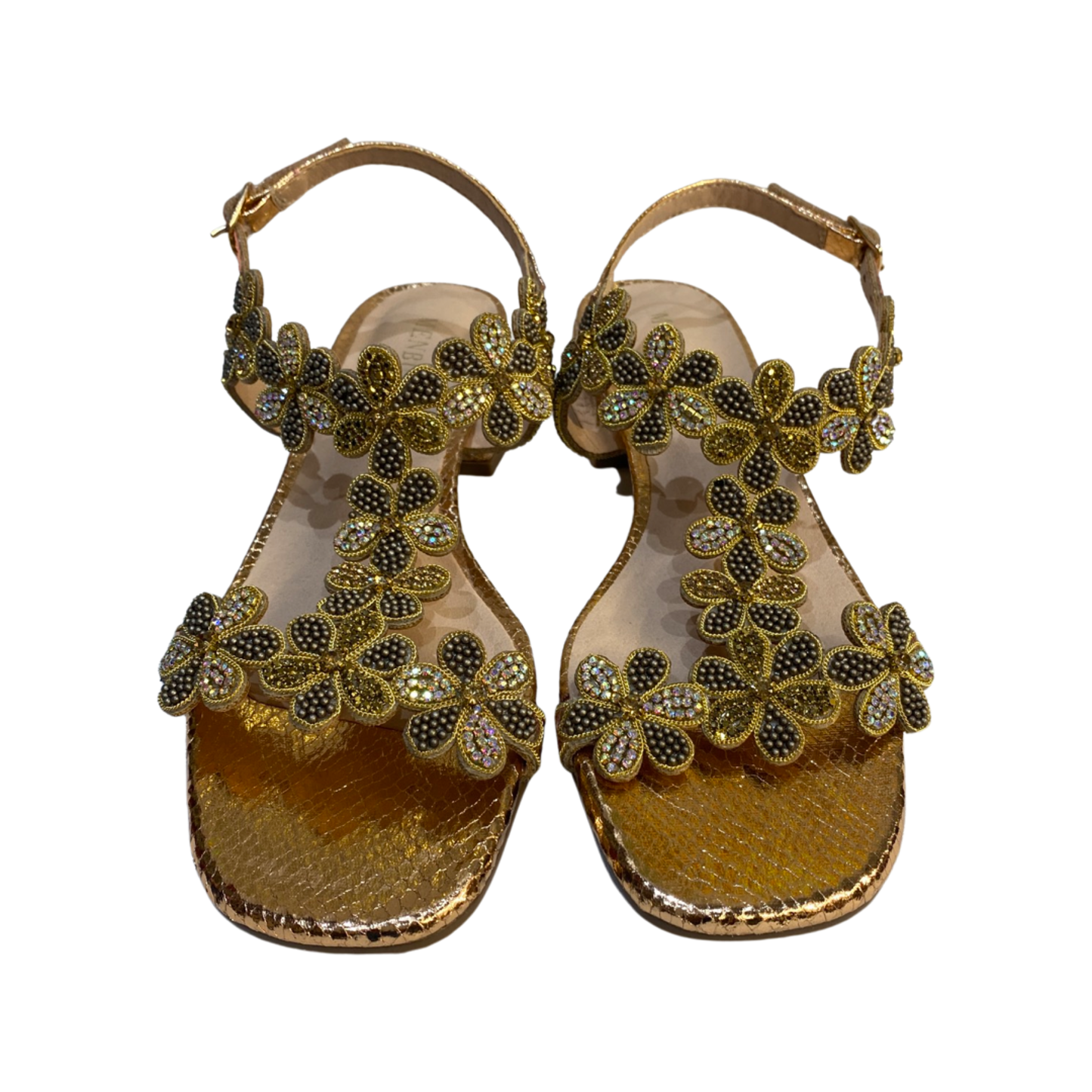 Rose gold embellished rhinestone flat sandals with floral details.