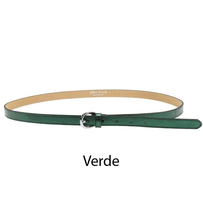 Handmade Italian women's skinny belt in green laminated leather with buckle.