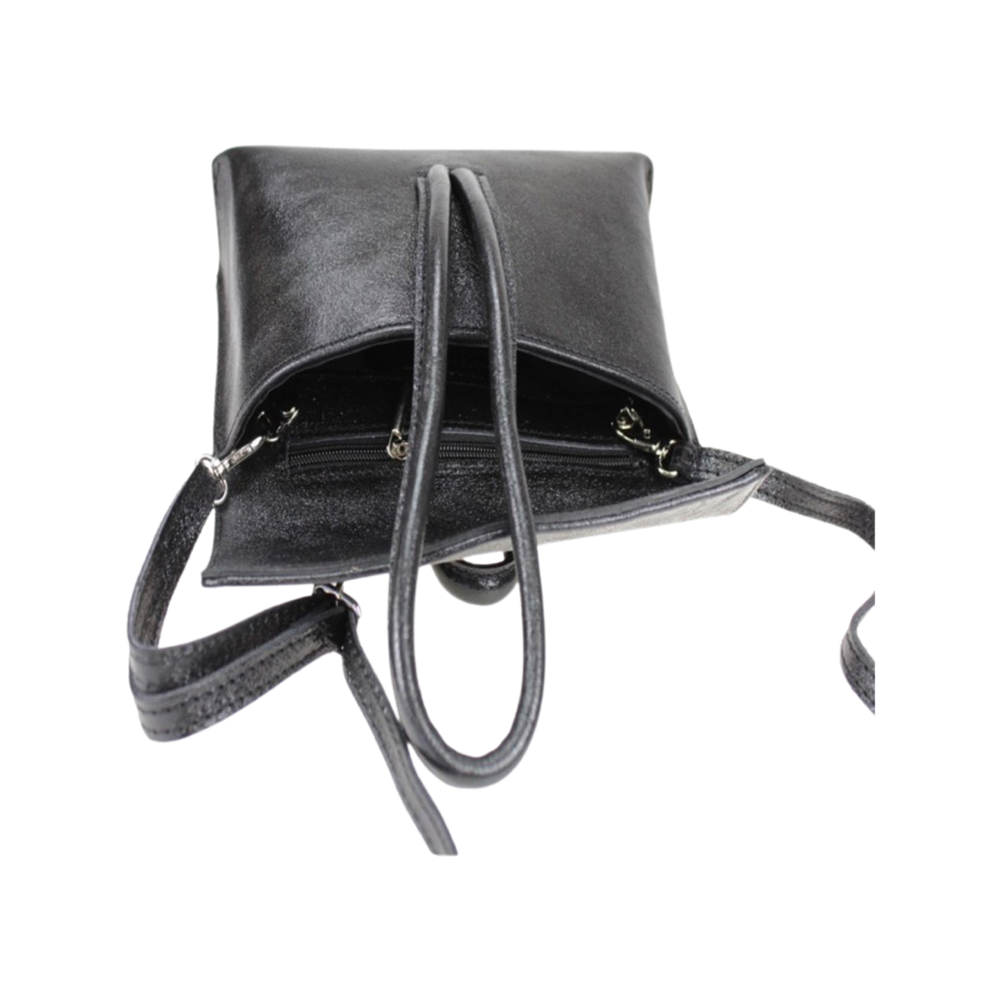 Leather tote bag with black calf leather, adjustable strap, and inner pocket.