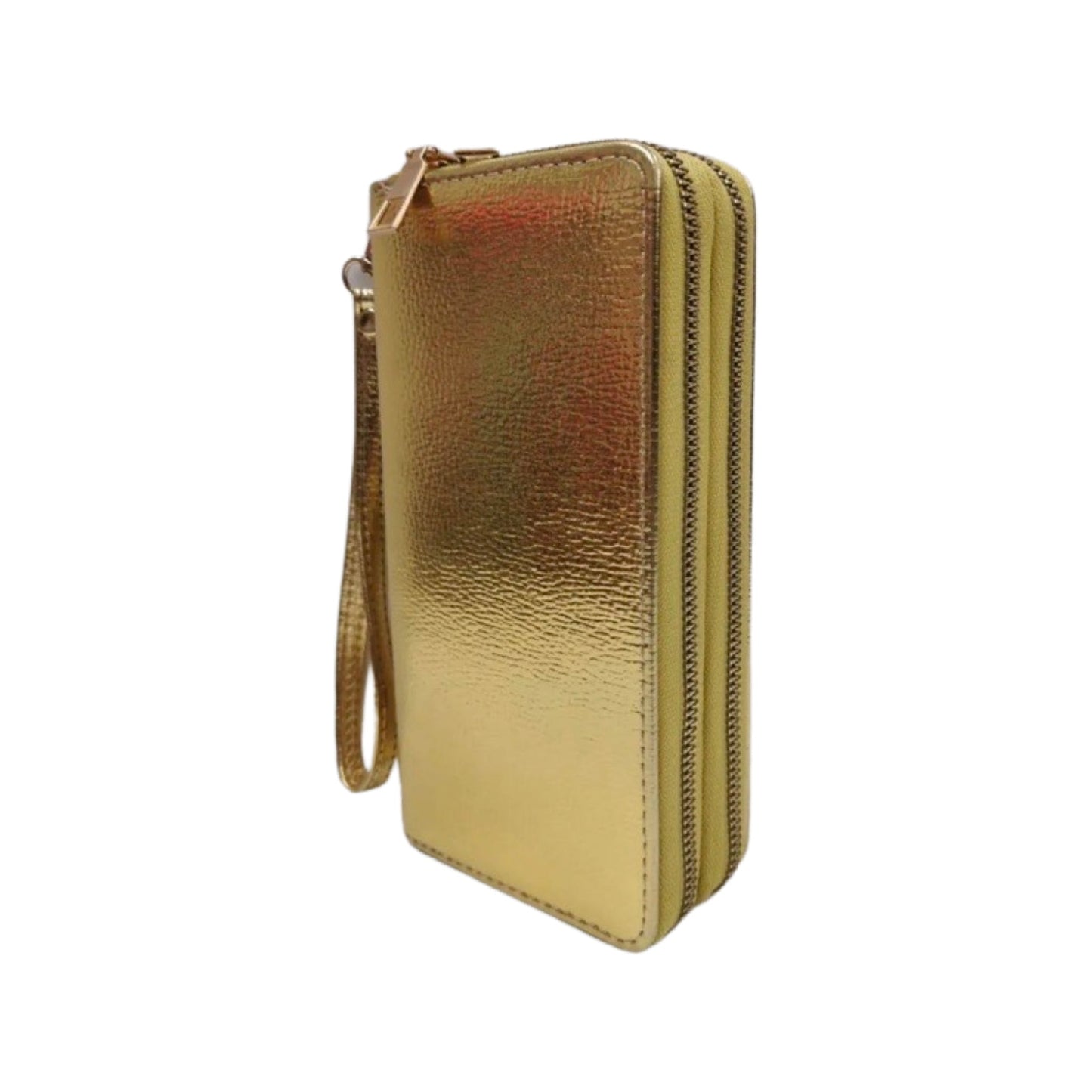 Rectangular black leather purse wallet with zip closure and gold metal details, 20x10 cm.