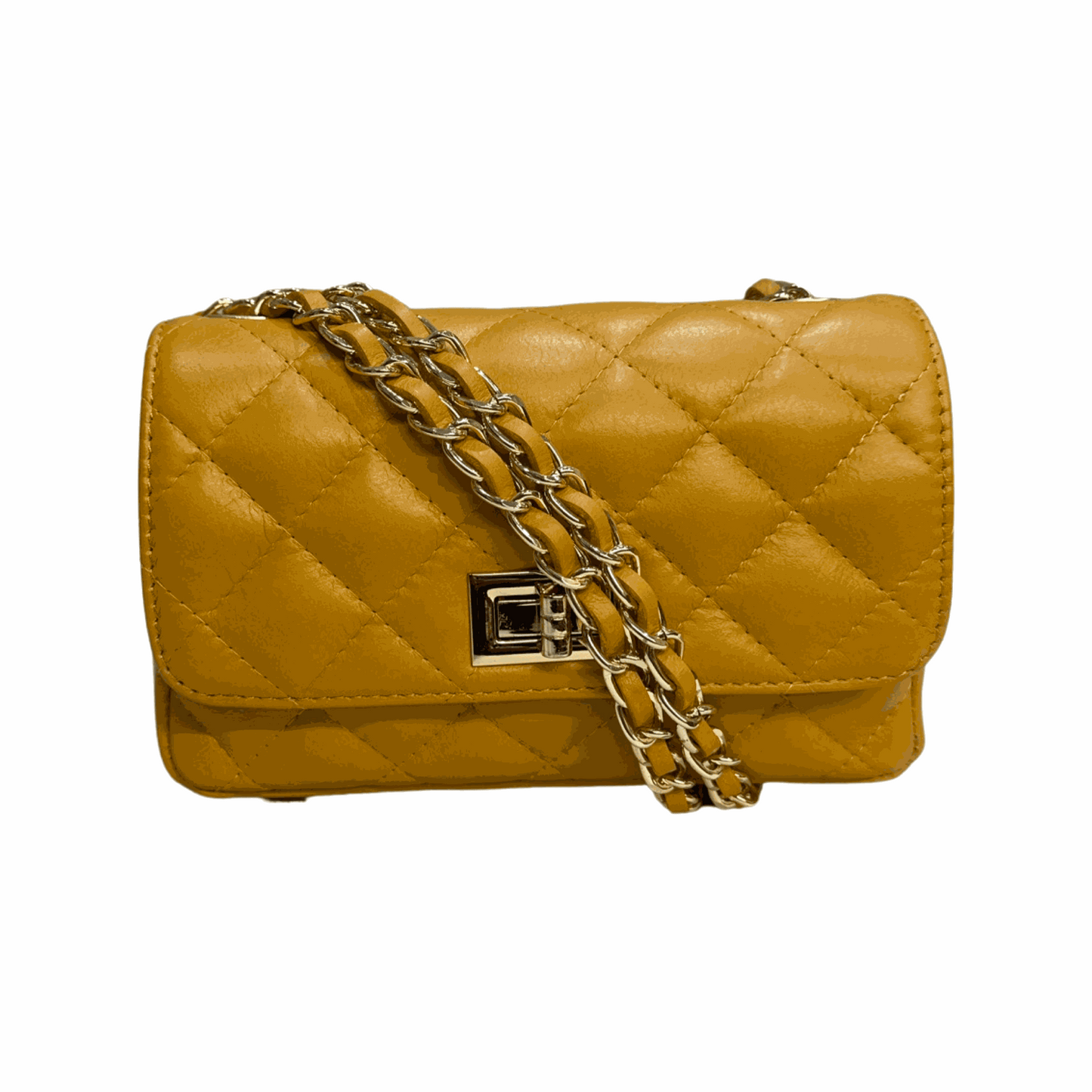 Quilted crossbody leather bag with gold chain strap and turn lock closure.