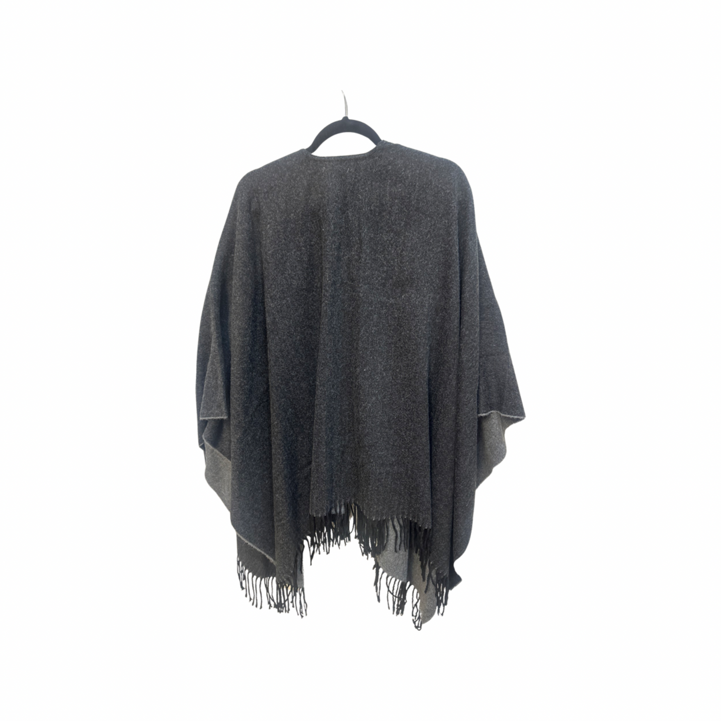 Grey tassel cape shawl with stylish fringe design, cozy and warm.