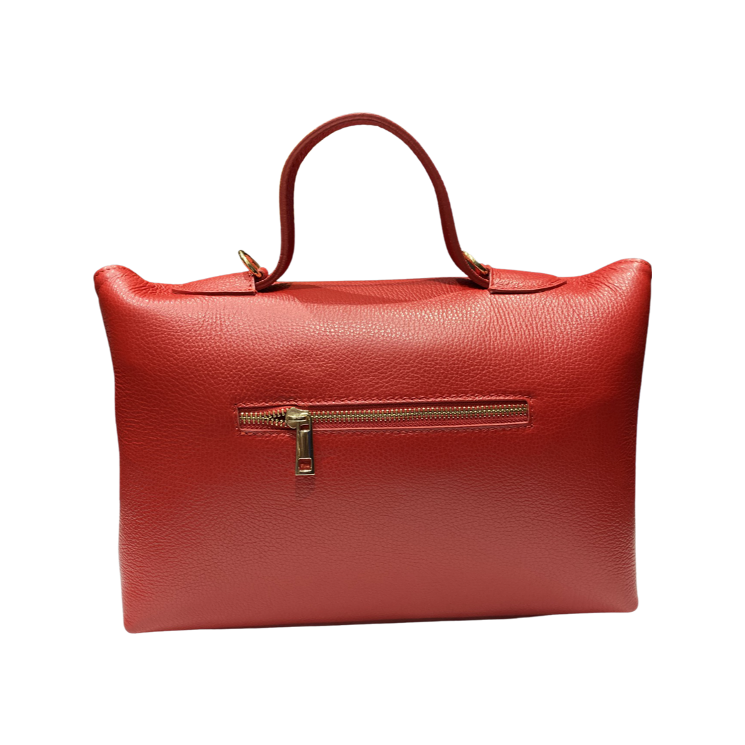 Elegant red leather crossbody bag with top handle and gold zipper, made in Italy.