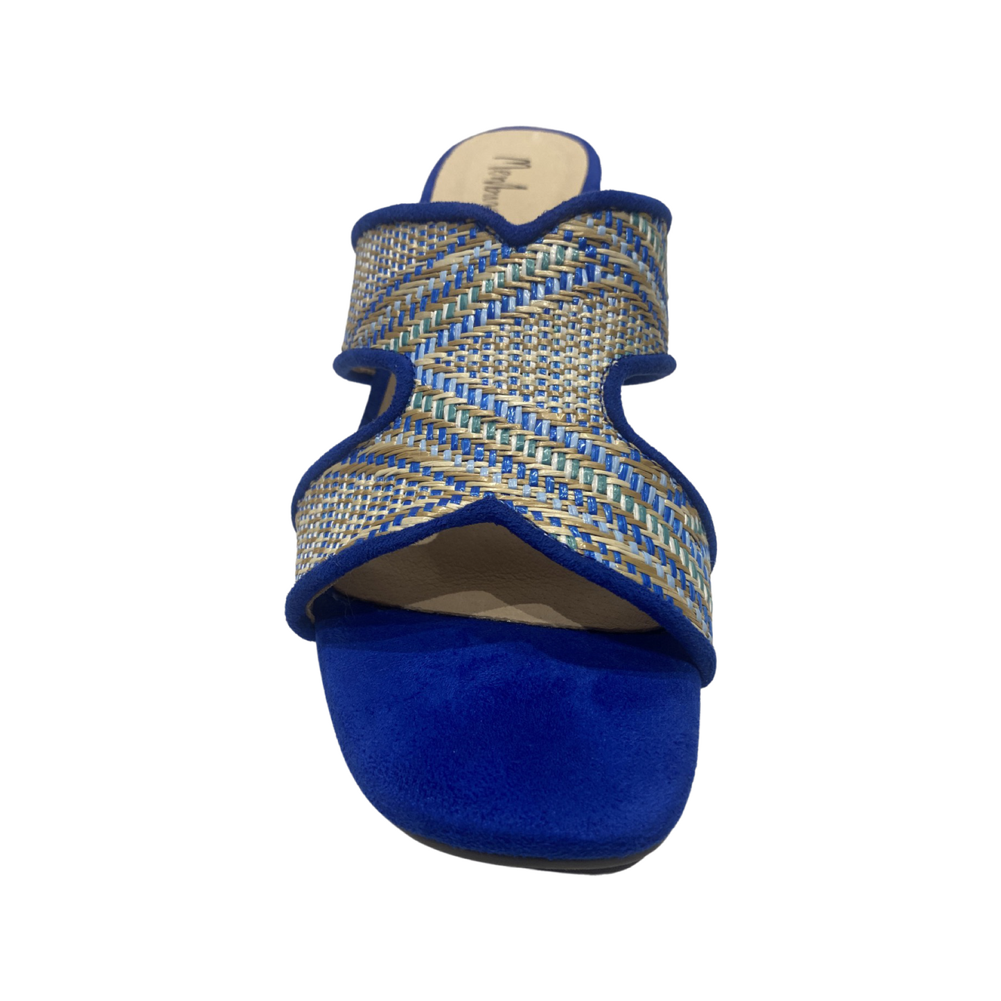 Woven block heel mules with blue fabric, woven design, and open-toe style.
