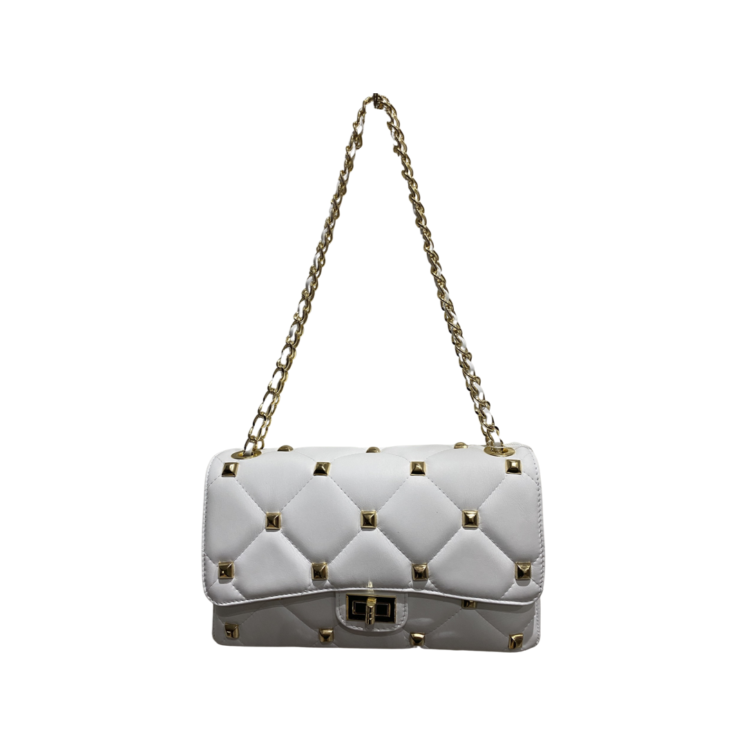 Quilted crossbody leather bag with gold-tone hardware and chain strap.