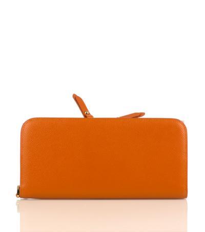 Rectangular tan leather purse wallet with zip opening and leather interior.