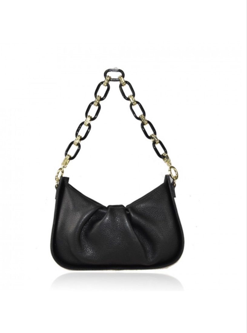 Small Italian leather tote bag with chain strap and zipper closure.