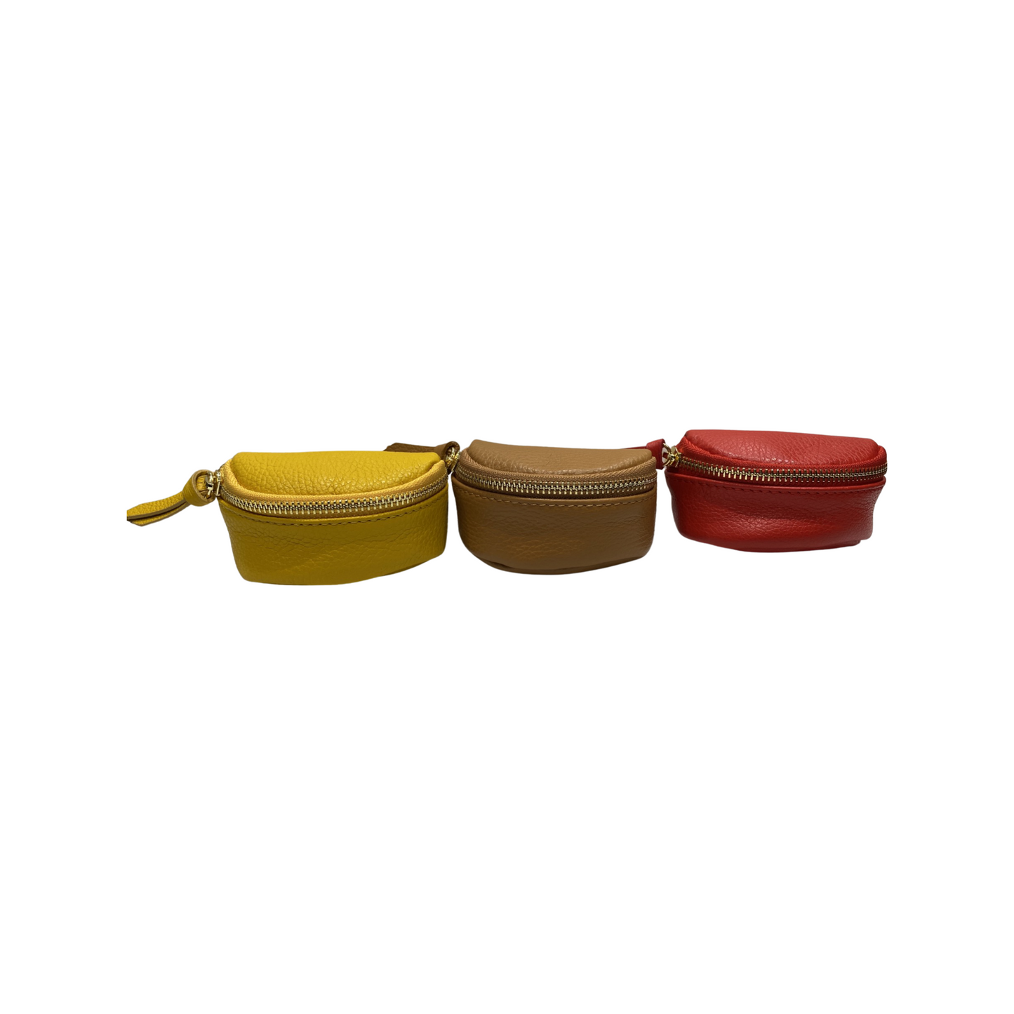 Mini wrist leather bracelet in yellow, brown, and red with zip closure and adjustable strap.