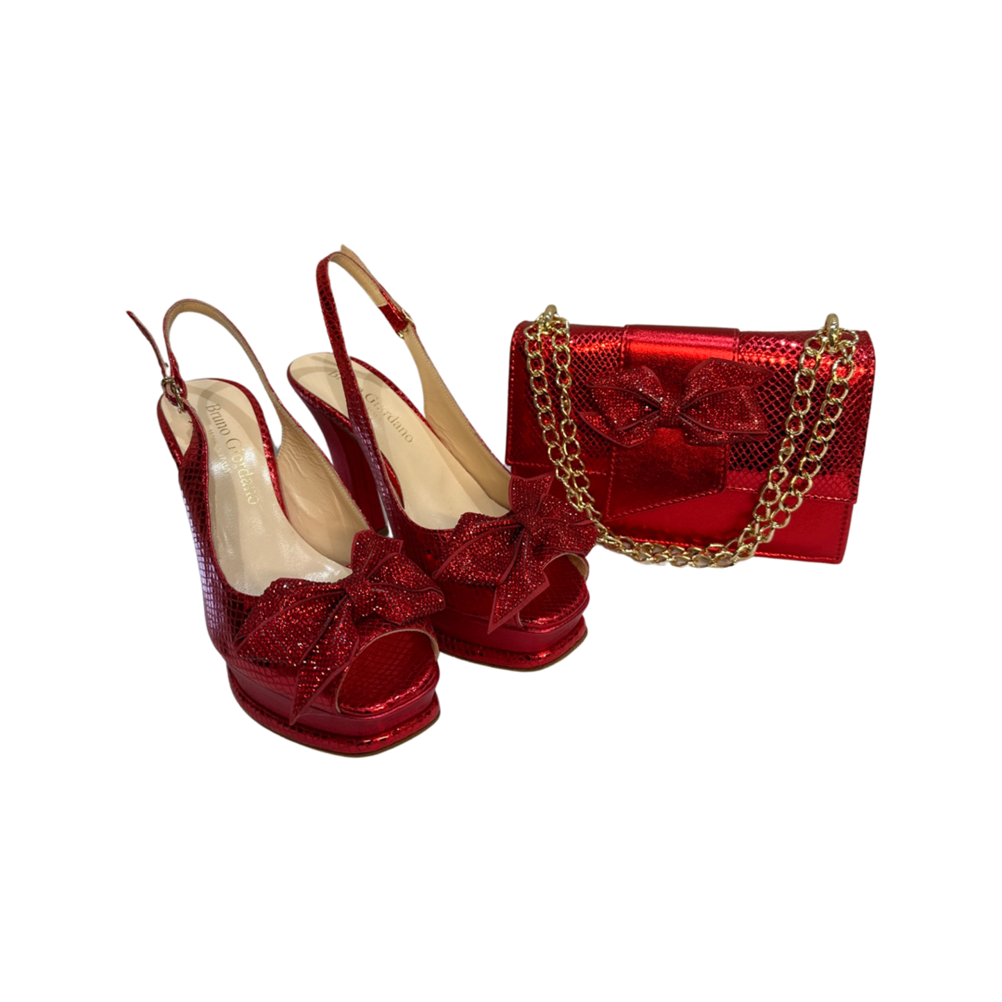 Red platform high heeled sandals and matching bag with jewel embellishment and chain strap, perfect for special occasions.