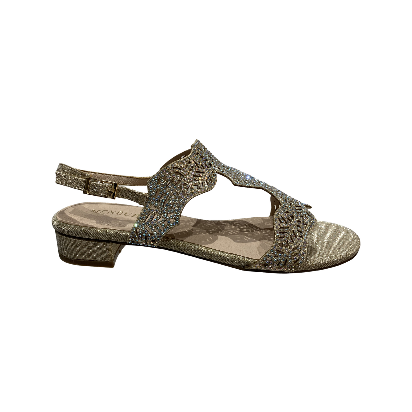 Champagne Gold Diamante Flat Sandals with Rhinestones and Leather Lining.
