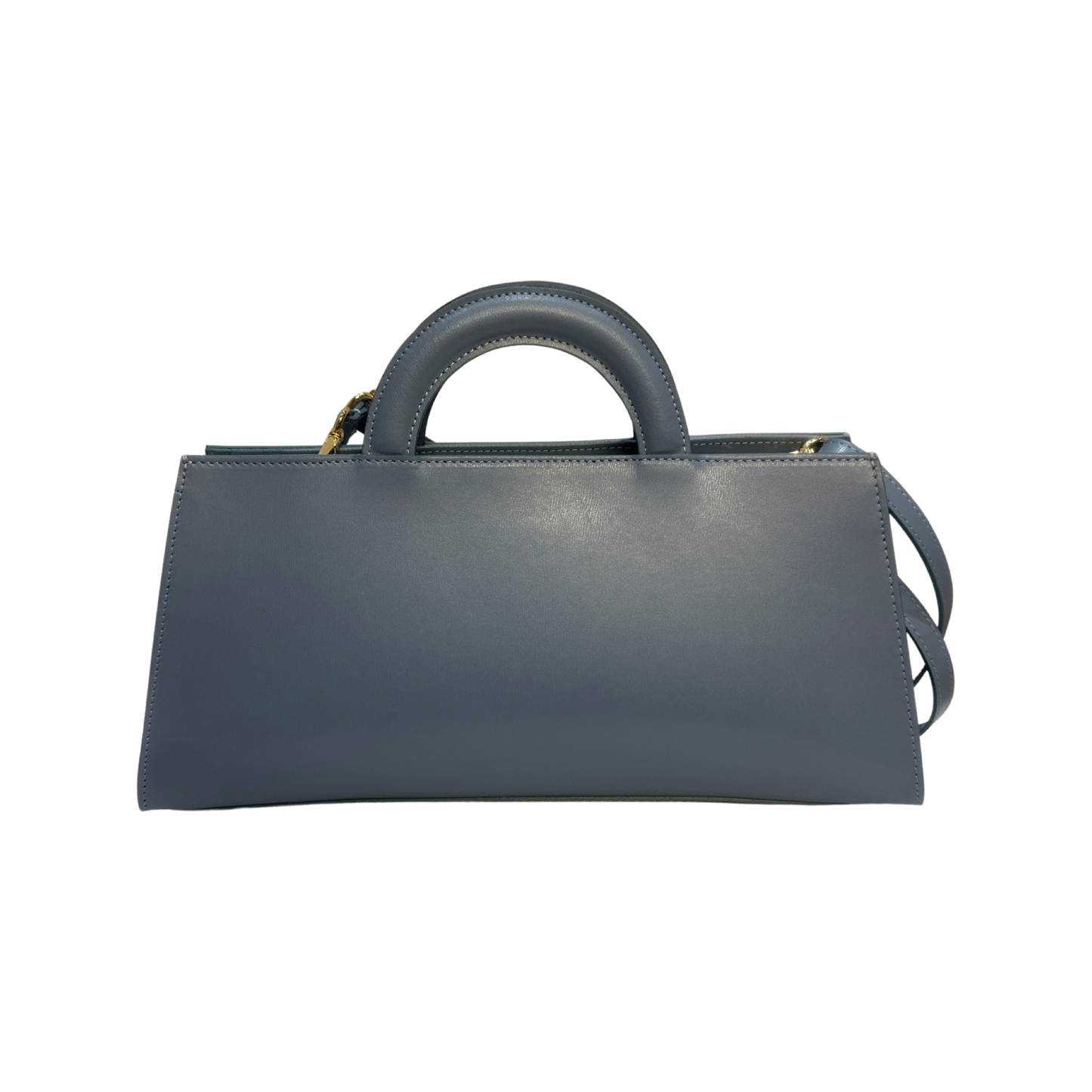 Leather tote bag with cylinder shape, top handles, and removable shoulder strap.
