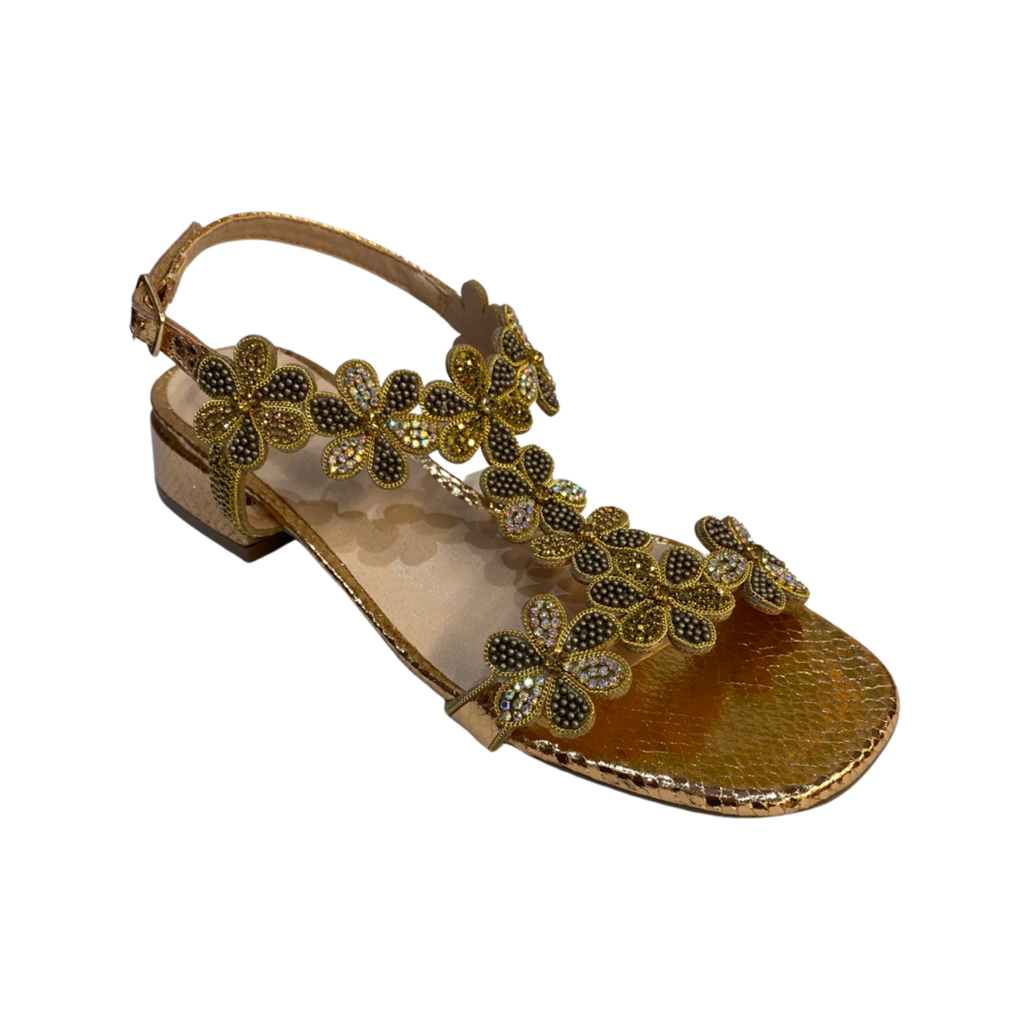 Rose gold diamante flat sandals with embellished rhinestones.