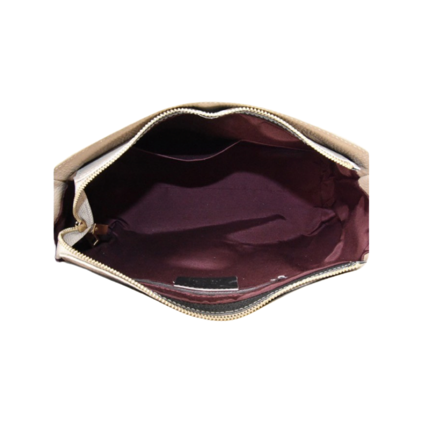 Interior view of a leather crossbody bag with a spacious main compartment and zip closure.