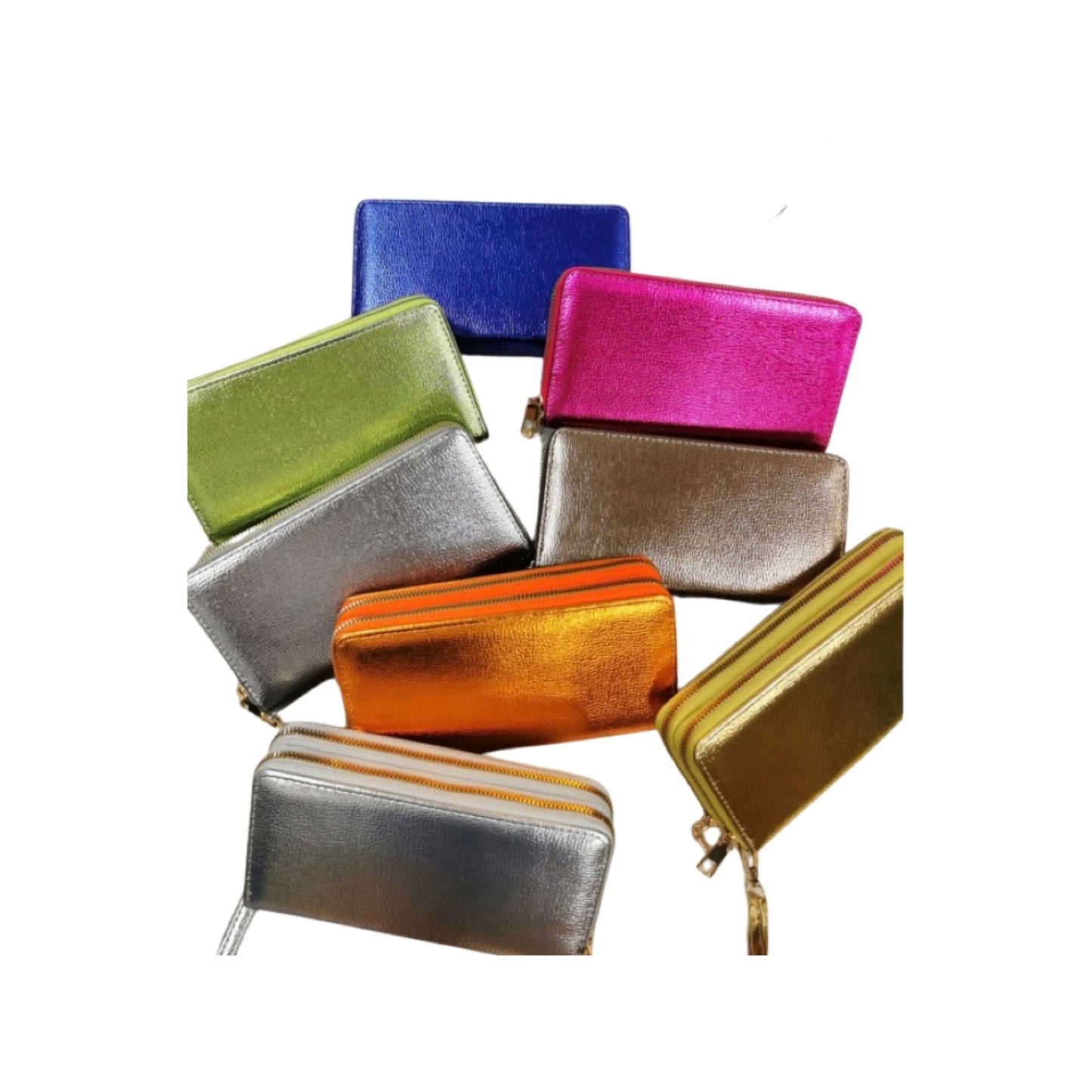 Colorful rectangular purse wallets displayed, featuring zip openings and multiple slots.