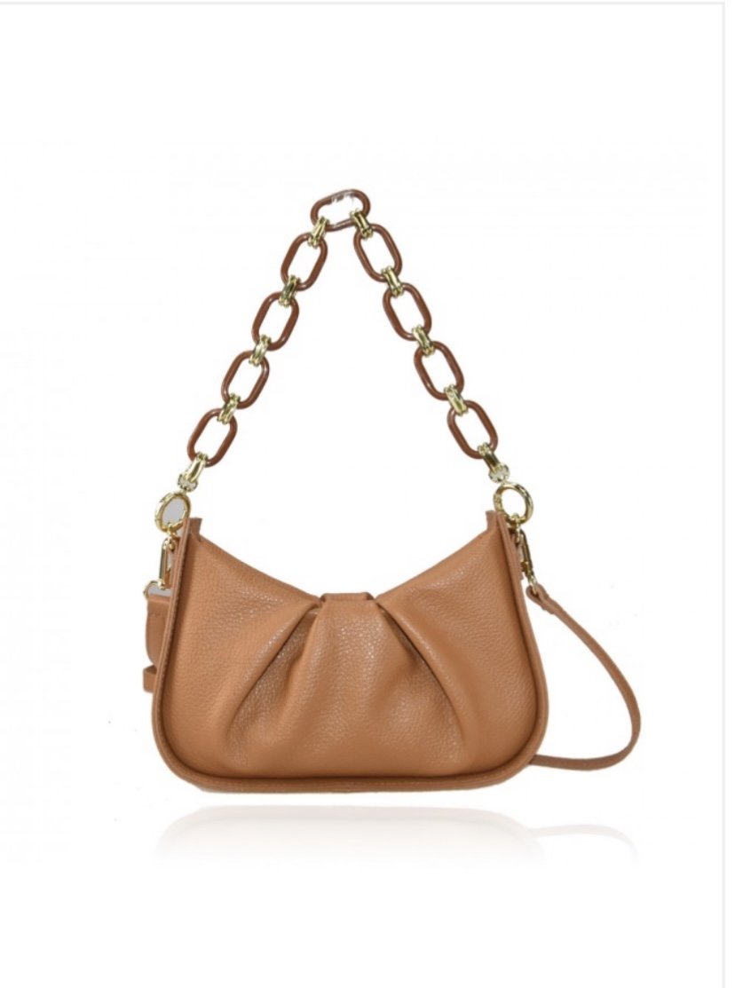 Brown small tote bag made from genuine Italian leather with chain and adjustable straps, zipper closure.