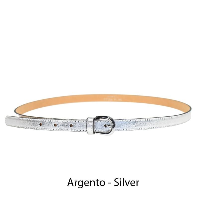 Women's skinny belt with metal buckle, laminated leather, handmade in Italy.