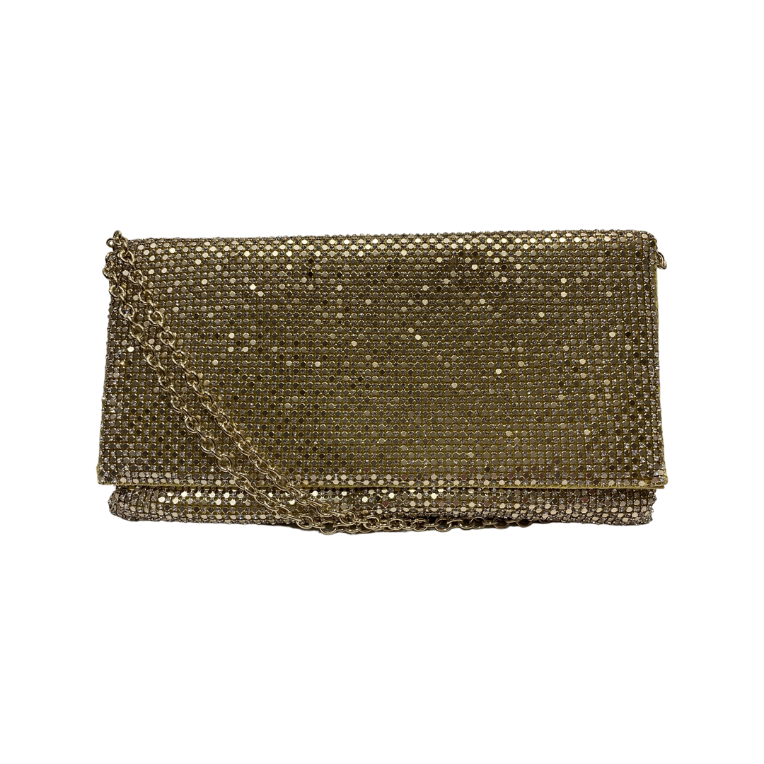 Dazzling gold diamante clutch bag with detachable chain straps, perfect for parties or weddings.