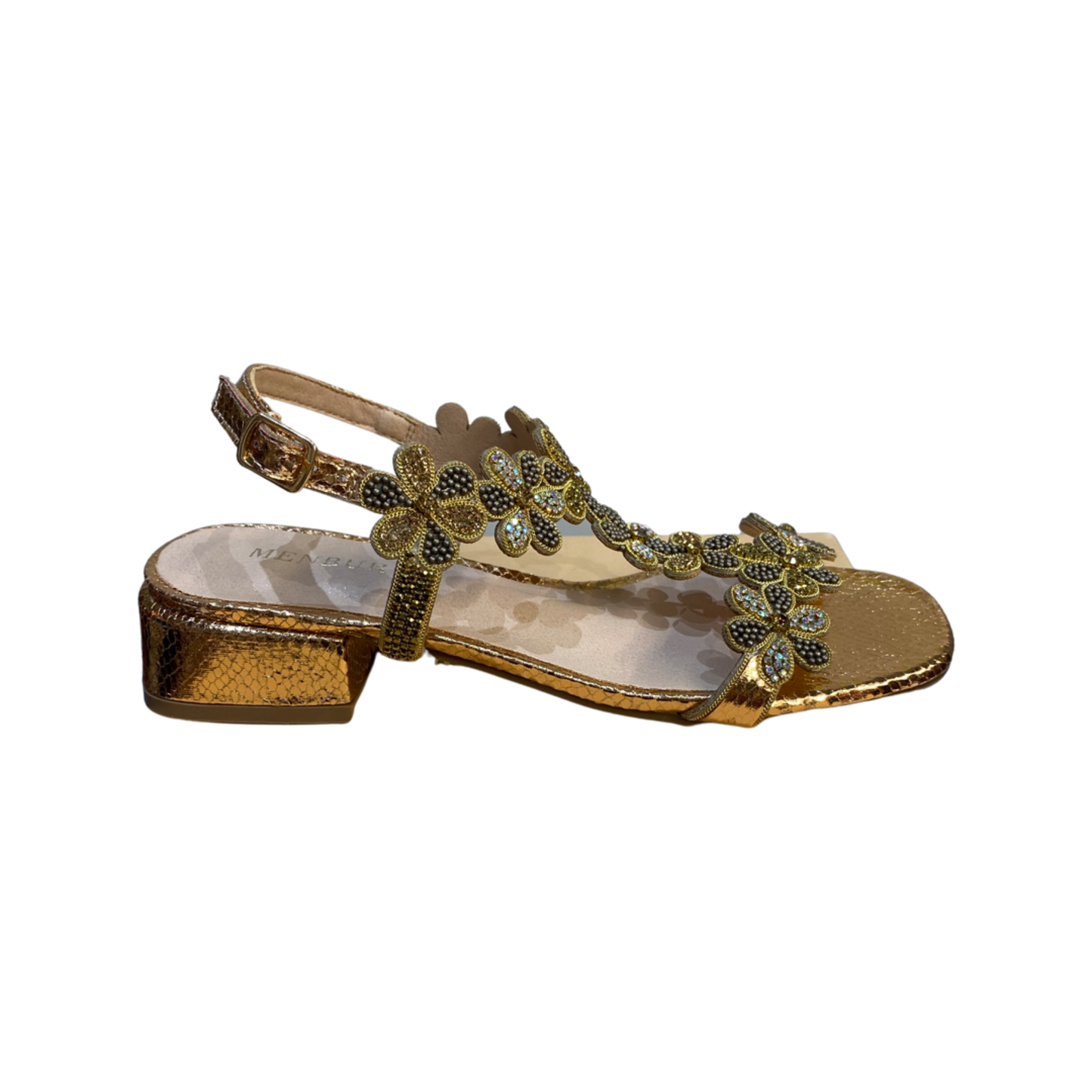 Rose gold flat sandals with rhinestone embellishments and floral design.
