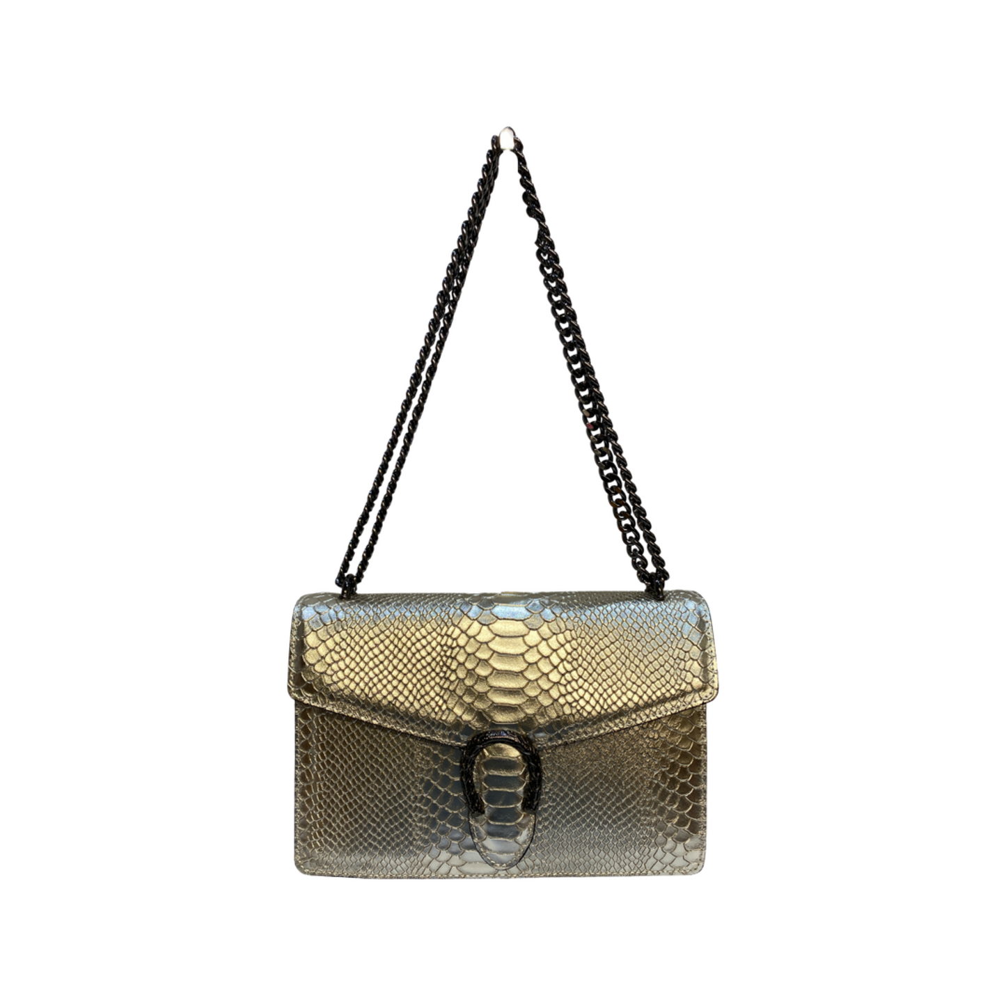 Elegant leather crossbody bag with chain strap, featuring double-headed tiger hardware and push-button clasp.