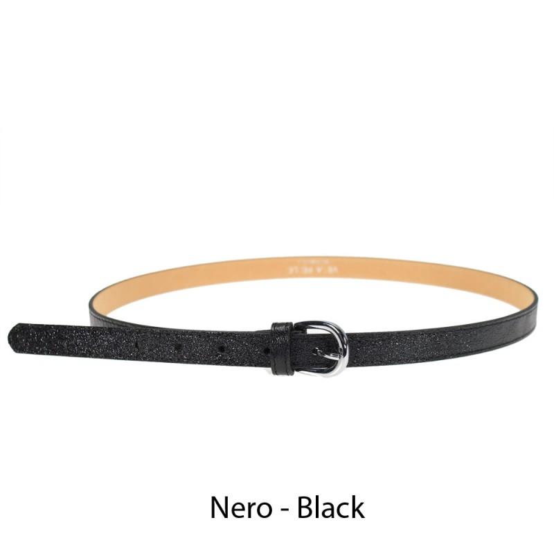 Women's skinny belt with buckle, handmade black laminated leather, Italian craftsmanship.