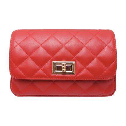 Red quilted crossbody leather bag with turn lock closure.