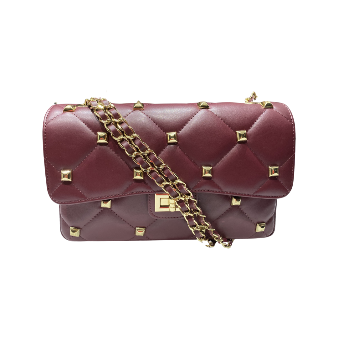 Quilted crossbody leather bag with gold-tone hardware and chain strap.