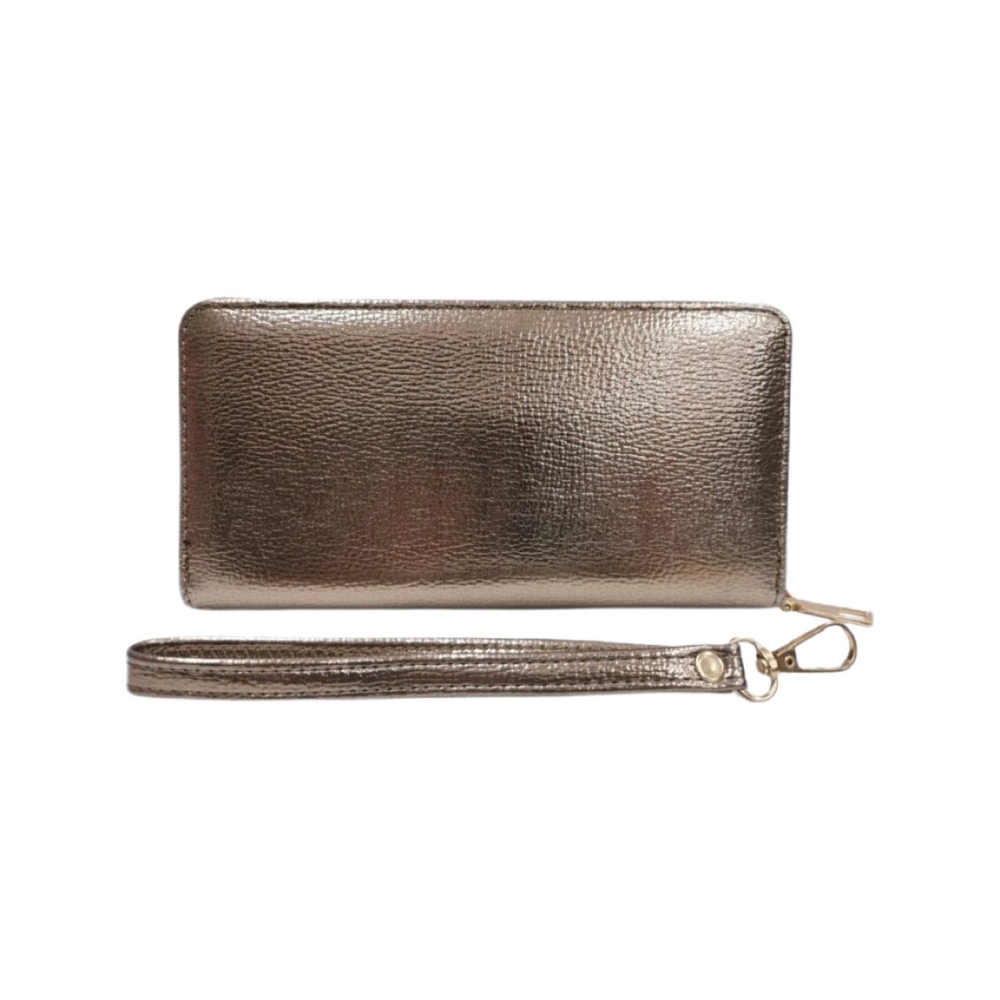 Rectangular black leather purse wallet with zip closure and gold metal details, featuring card slots and coin pocket.