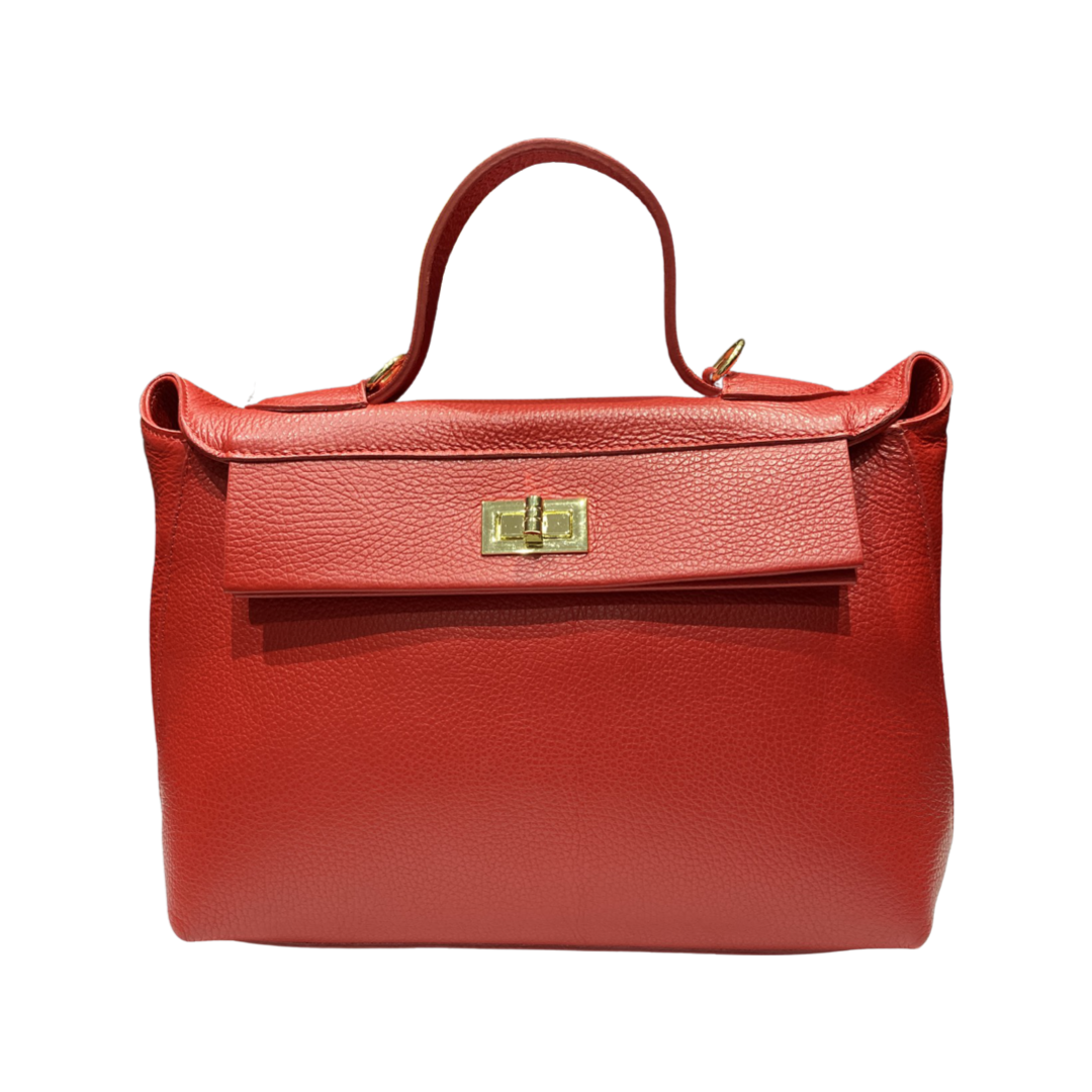Elegant red leather crossbody bag with gold accents, made in Italy.