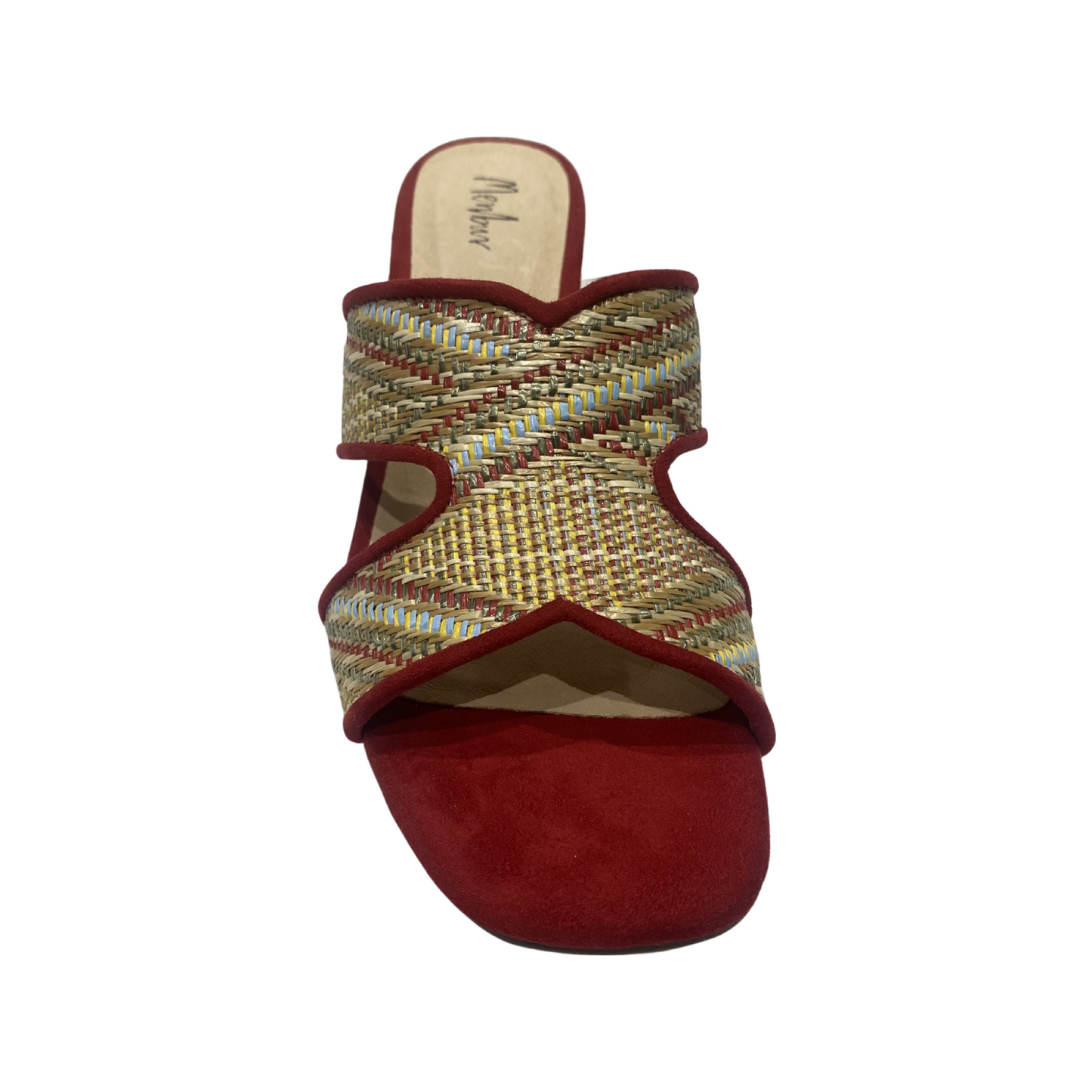 Woven Block Heel Mules with Rhinestone Detail, Point Round Toe, Red Fabric Upper, Leather Insole, and 1.9-inch Block Heel.