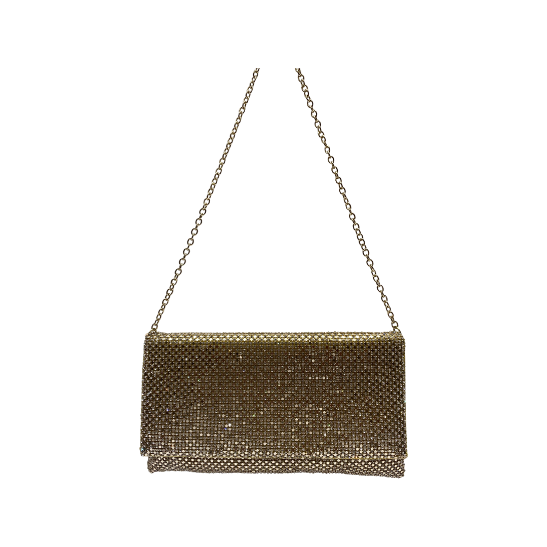 Dazzling gold diamante clutch bag with removable chain strap.