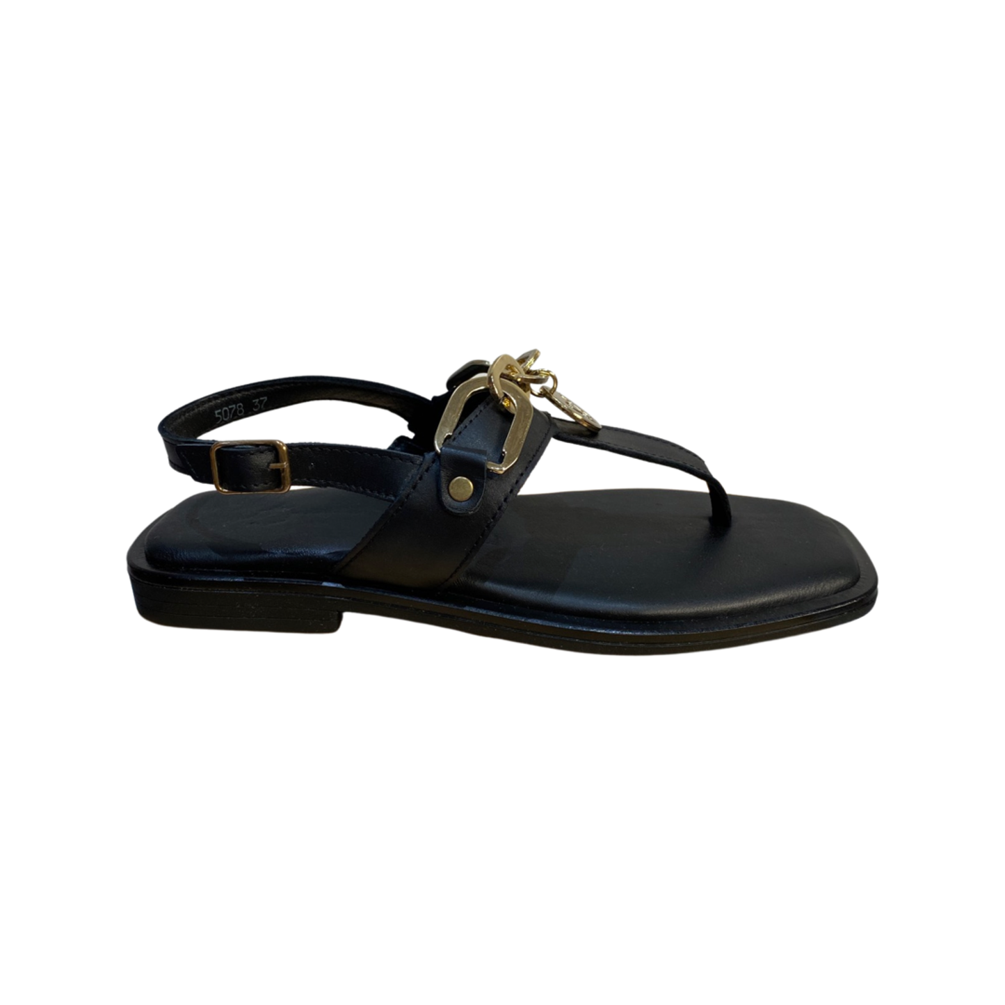Black leather thong chain flat sandals with gold chain and adjustable buckle.