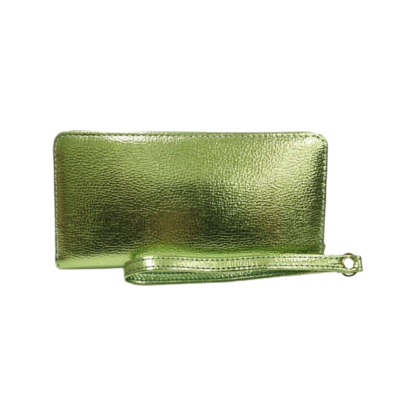 Rectangular purse wallet with zip closure and leather interior for cards and coins.