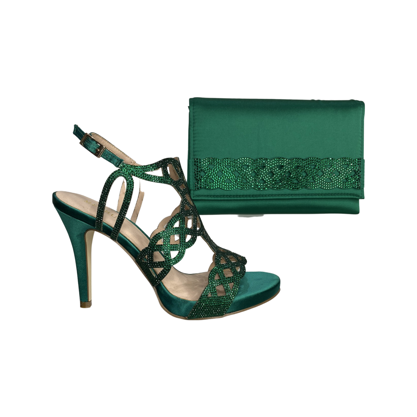 Green rhinestone shoes with matching clutch bag, ideal for special occasions.