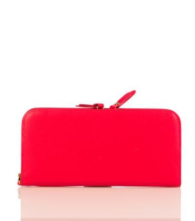 Rectangular tan leather purse wallet with zip opening and gold accessories.