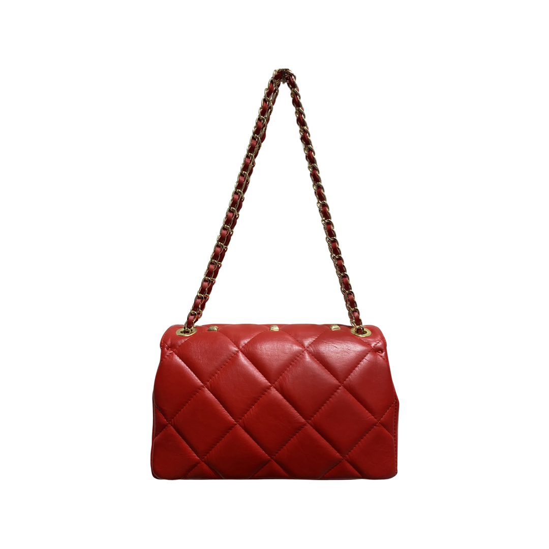 Quilted crossbody leather bag with chain strap and gold-tone hardware.