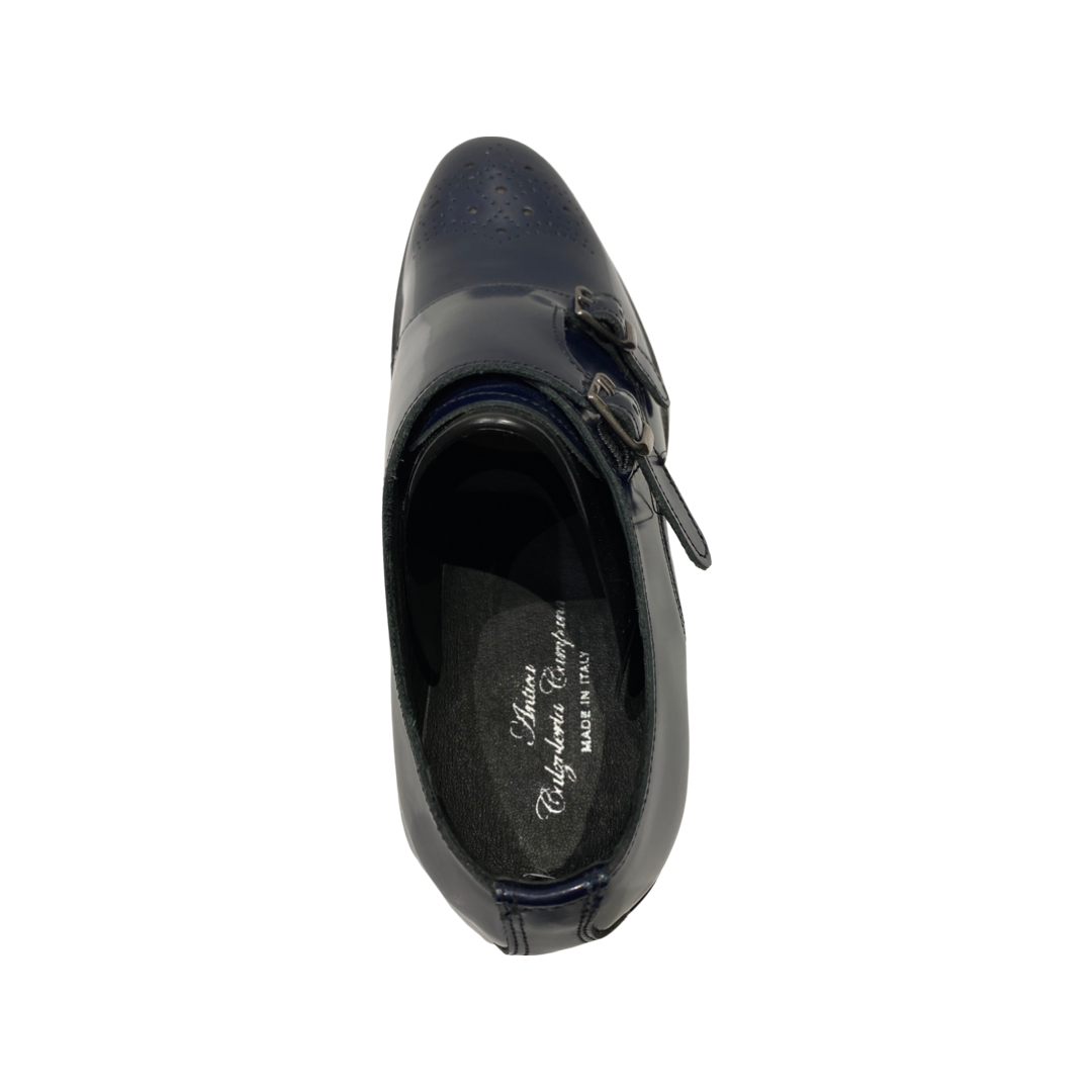 Men’s blue slip-on double monk strap leather shoes made in Italy.