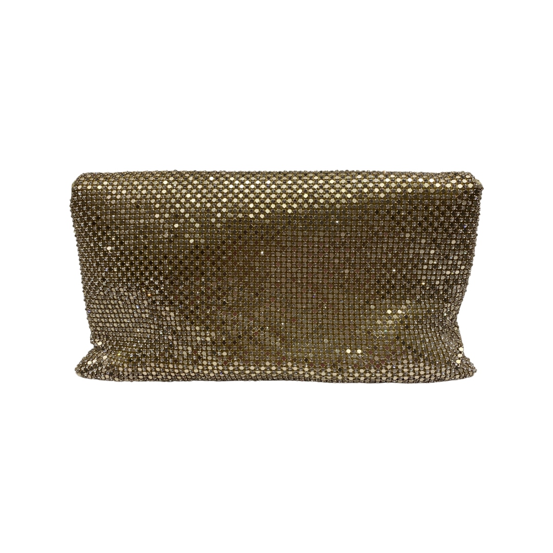 Dazzling gold diamante evening clutch bag with detachable chains, ideal for parties and weddings.
