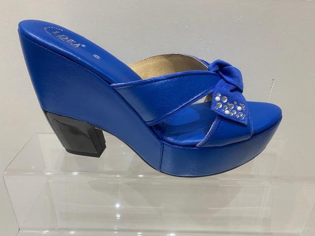 Blue rhinestone suede leather platform wedge sandals with open-toe design.