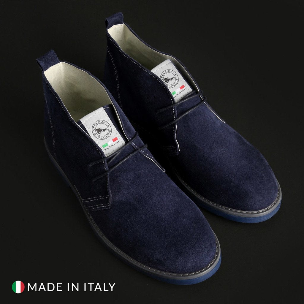 Blue suede lace-up desert boots for men with rubber soles, made in Italy.